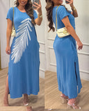 Feather Print Side Slit Pocket Design Casual Dress
