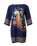 Peacock Floral Print Round Neck Casual Dress