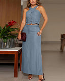 Buttoned Criss Cross Top & Side Slit Pocket Design Skirt Set