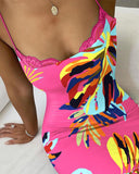 Tropical Print Lace Trim Spaghetti Strap Bodycon Dress