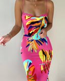 Tropical Print Lace Trim Spaghetti Strap Bodycon Dress