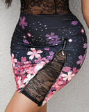 Contrast Lace Slit Plunge Floral Print Dress