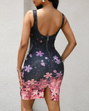 Contrast Lace Slit Plunge Floral Print Dress