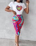 Heart Abstract Print Top & Slit Skirt Set