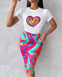 Heart Abstract Print Top & Slit Skirt Set