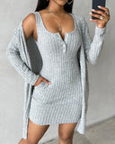 Pocket Design Buttoned Ribbed Casual Dress & Long Sleeve Open Front Coat