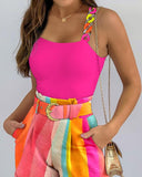 Chain Strap Tank Top & Colorblock Shorts Set With Belt