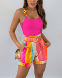 Chain Strap Tank Top & Colorblock Shorts Set With Belt