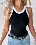 Contrast Binding Tank Tops Summer Sleeveless Basic Cami Top Shirt Slim Knit Ribbed Racerback Blouses