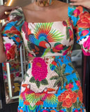 Tropical Print Shirred Puff Sleeve Dress