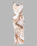 Contrast Leopard Print Drawstring Slit Casual Dress
