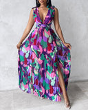 All Over Print Ruched Slit Tied Detail Maxi Dress