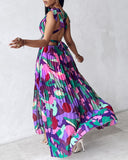 All Over Print Ruched Slit Tied Detail Maxi Dress