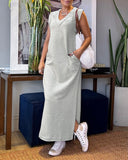 V Neck Pocket Design Slit Casual Dress