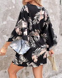 Leaf Print Button Front Drawstring Casual Dress