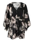 Leaf Print Button Front Drawstring Casual Dress