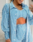 Striped Crop Top & Tied Detail Shorts Set With Frill Hem Gigot Sleeve Coat