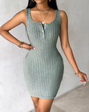 Buttoned Pocket Design Ribbed Bodycon Dress