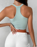 Seamless Buttoned V Neck Sleeveless Rib Knit Crop Top