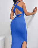 Crisscross Backless Tied Detail Ribbed Dress