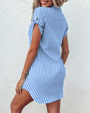Striped Buttoned Pocket Design Casual Dress