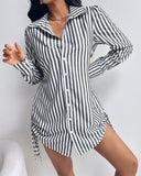 Striped Side Drawstring Buttoned Shirt Dress