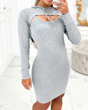 U Neck Mini Dress & Hooded Drawstring Top Set