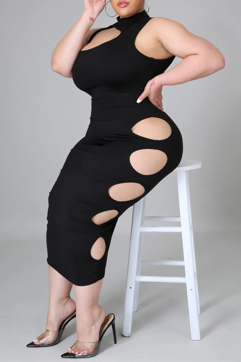 Fashion Sexy Plus Size Solid Hollowed Out Half A Turtleneck Sleeveless Dress
