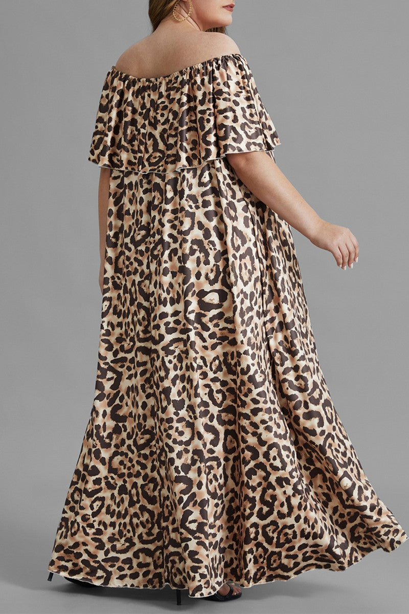 Fashion  Plus Size Leopard Printing Off the Shoulder Short Sleeve Dress Plus Size