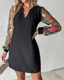 Floral Embroidery Mesh Patch Ruched Casual Dress