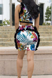 Sexy Printing Sleeveless Top Skirt Multicolor Set