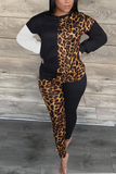 Casual Leopard Split Joint O Neck Long Sleeve Two Pieces