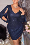 Fashion Sexy Plus Size Patchwork Sequins V Neck Long Sleeve Evening Dress