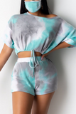 Casual Patchwork Tie-dye One Shoulder Short Sleeve Two Pieces