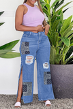 Casual Patchwork Ripped Slit Mid Waist Boot Cut Denim Jeans