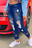Casual Butterfly Print Ripped High Waist Skinny Denim Jeans