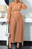 Casual Solid Patchwork Pleated O Neck Regular Jumpsuits (With Belt)