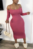 Fashion Daily Adult Twilled Satin Solid Hollowed Out Spaghetti Strap Long Sleeve Mid Calf Sheath Dresses