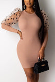 Polyester Sexy adult Fashion Cap Sleeve Long Sleeves O neck Pencil Dress Knee-Length Patchwork Mesh
