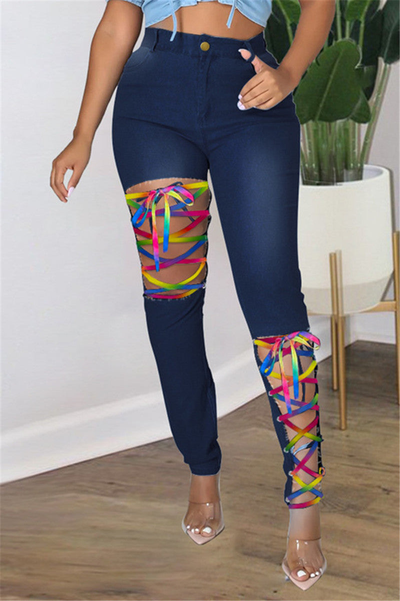Fashion Casual Solid Bandage Hollowed Out Plus Size Jeans