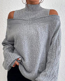 Cable Knit Lantern Sleeve Cold Shoulder Sweater