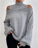 Cable Knit Lantern Sleeve Cold Shoulder Sweater