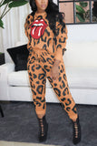 Sportswear Print Leopard O Neck Long Sleeve Two Pieces
