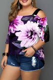Casual Print Hollowed Out Off the Shoulder Plus Size Tops