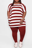 Casual Striped Split Joint Pocket O Neck Plus Size Two Pieces