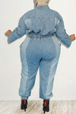 Casual Solid Make Old Split Joint Pocket Buckle Turndown Collar Plus Size Jumpsuits