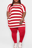 Casual Striped Split Joint Pocket O Neck Plus Size Two Pieces