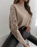 Contrast Sequin Beaded Sheer Mesh Patch Knit Sweater