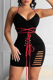 Fashion Sexy Solid Ripped Backless Spaghetti Strap Sleeveless Dress