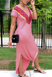 Cotton Fashion OL Pink Cap Sleeve Short Sleeves V Neck Step Skirt Ankle-Length Patchwork Solid Dresses